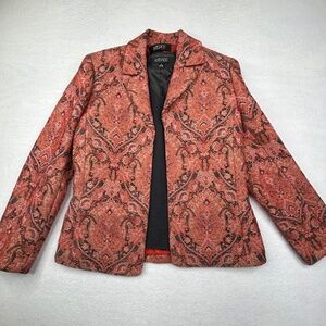Kasper Women blazer Blood Orange Black Paisley Brocade Jacquard pattern Size 8